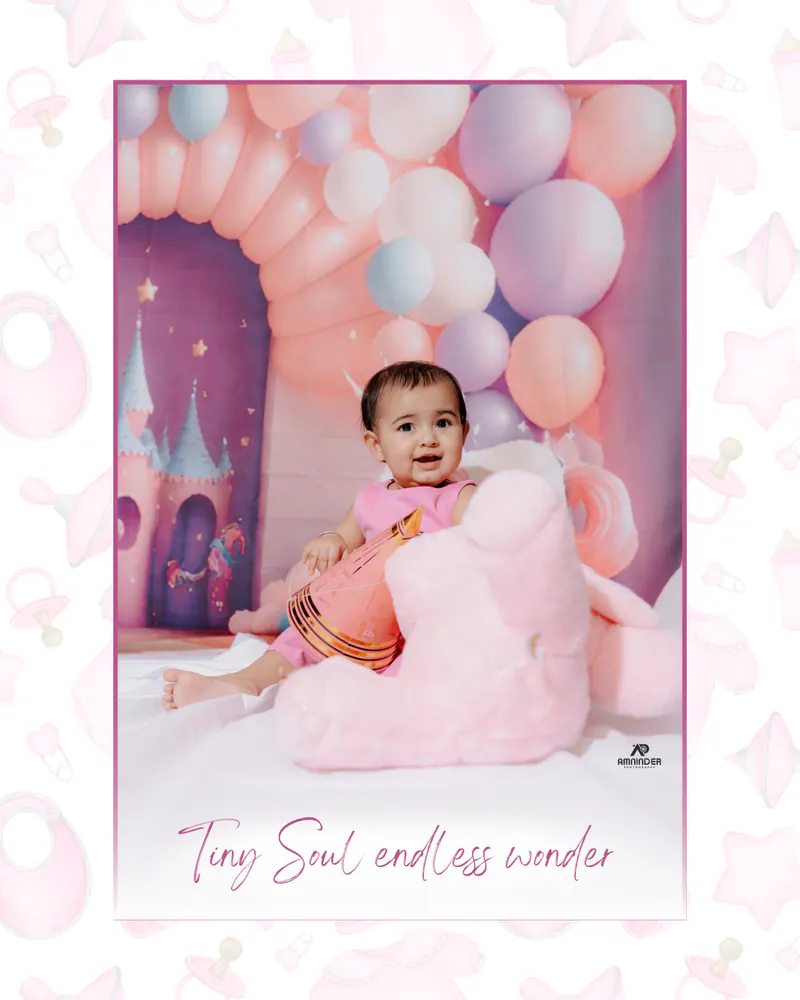 Birthday portrait card of a baby girl with pink balloons