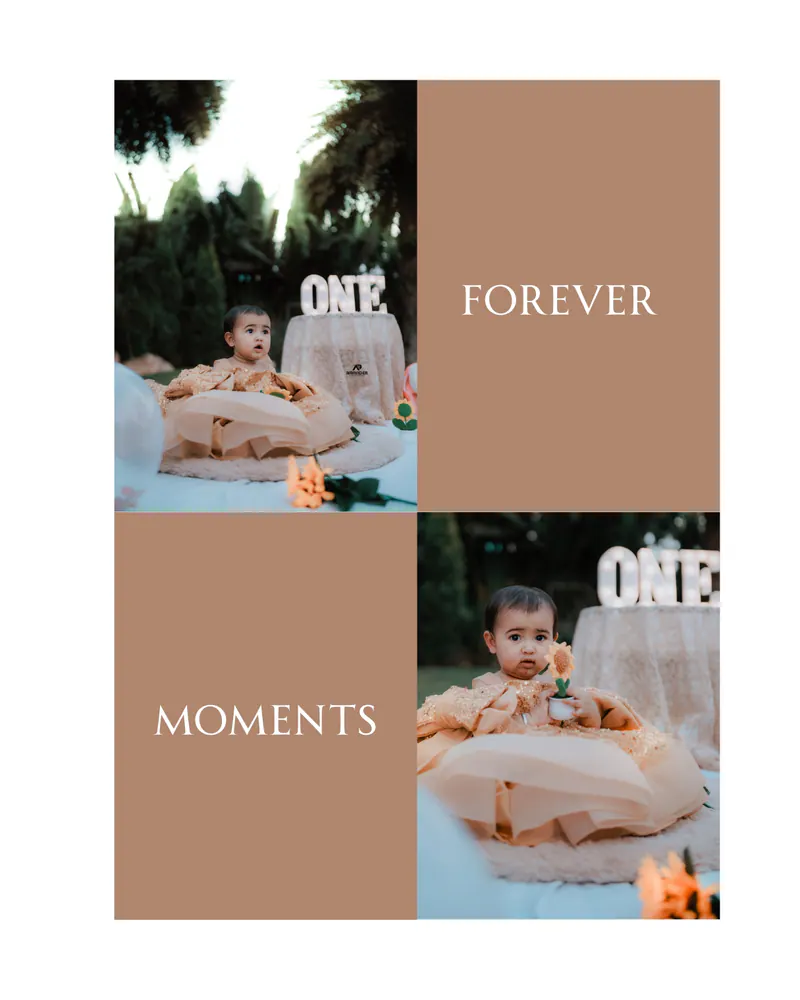 First birthday photo collage with Forever and Moments panels