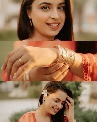 Makeup shoot collage with close-ups of the face, bangles and smile