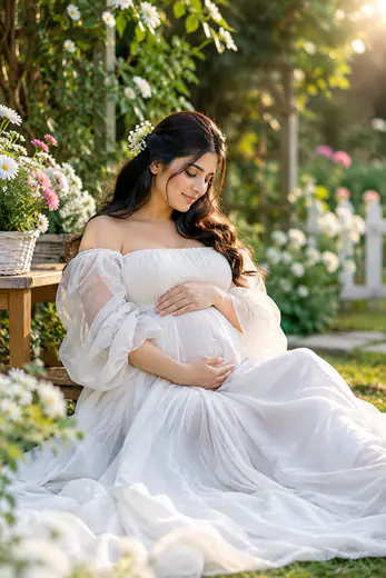 Expecting mother in a white gown seated in a blooming garden